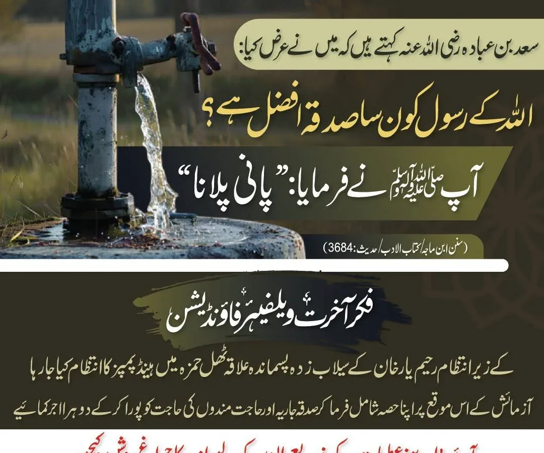 Hand pump appeal poster for flood-hit Thul Hamza, Rahim Yar Khan — PKR 10,000 per hand pump